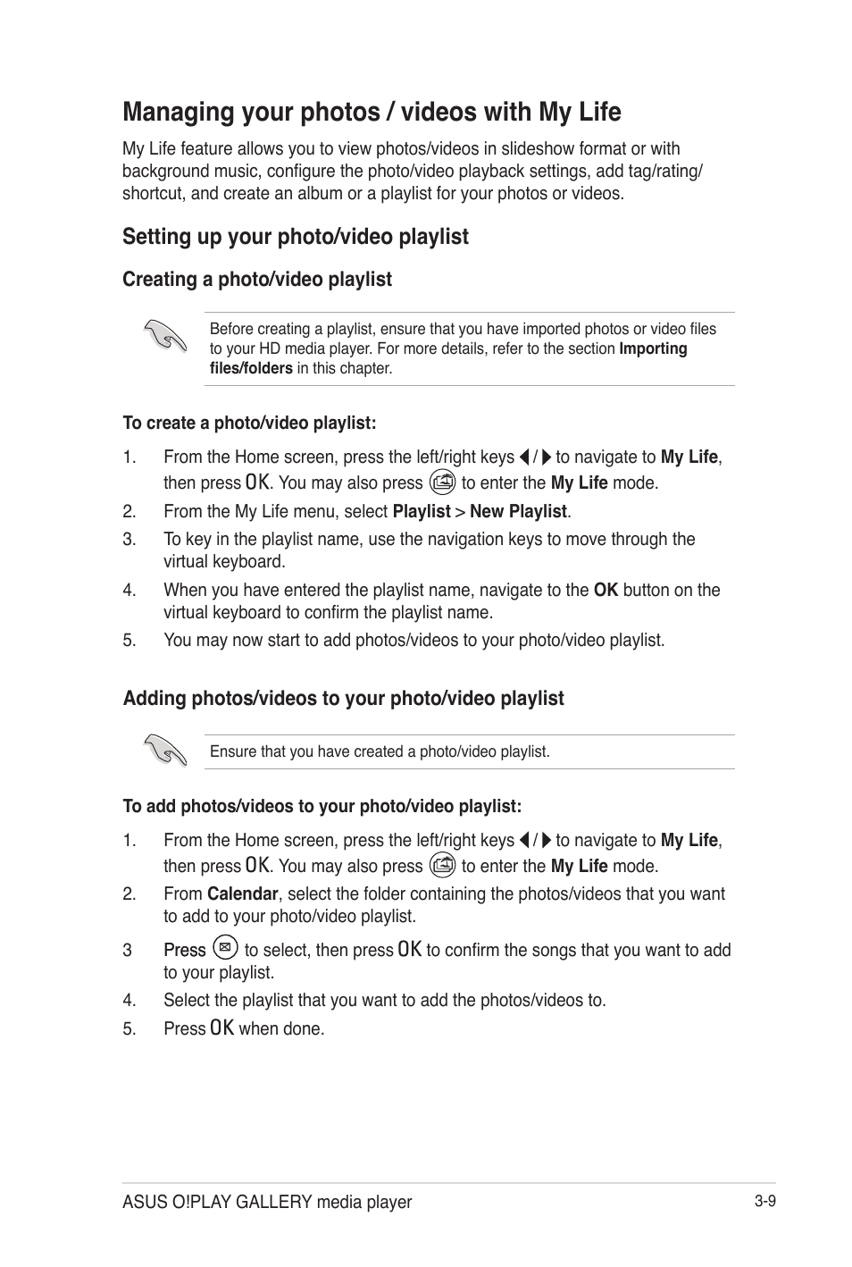 Managing your photos / videos with my life, Setting up your photo/video playlist, Managing your photos / videos with my life -9 | Setting up your photo/video playlist -9 | Asus O!Play Gallery User Manual | Page 49 / 74