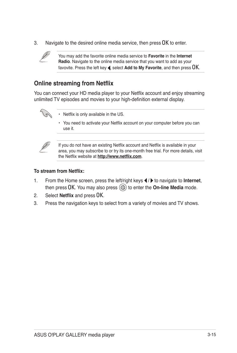 Online streaming from netflix, Online streaming from netflix -15 | Asus O!Play Gallery User Manual | Page 55 / 74