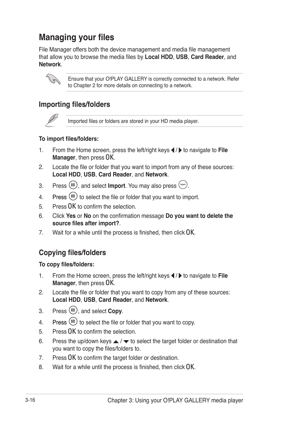 Managing your files, Importing files/folders, Copying files/folders | Managing your files -16 | Asus O!Play Gallery User Manual | Page 56 / 74