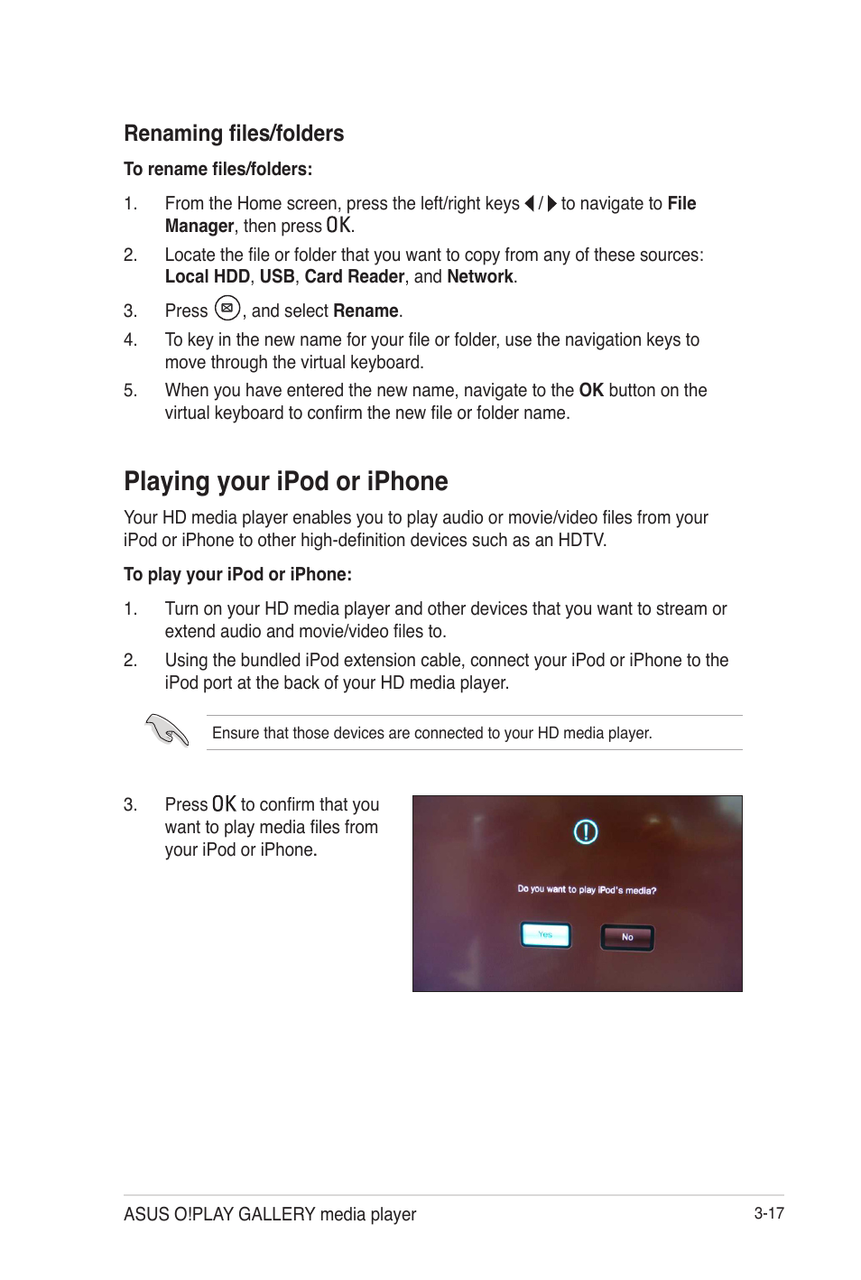 Renaming files/folders, Playing your ipod or iphone, Renaming files/folders -17 | Playing your ipod or iphone -17 | Asus O!Play Gallery User Manual | Page 57 / 74