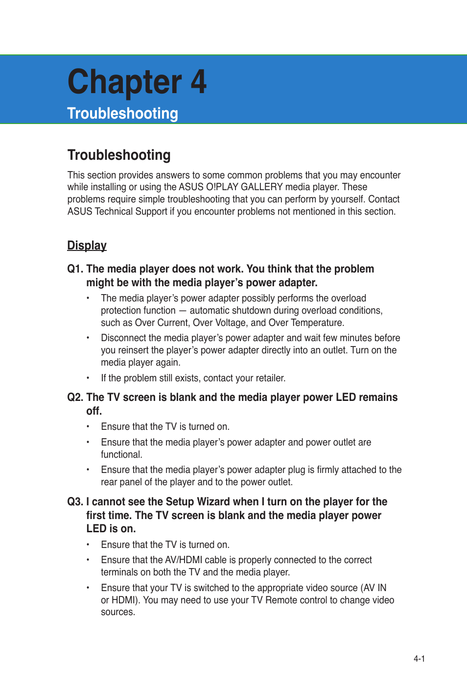 Chapter 4, Troubleshooting, Display | Troubleshooting -1, Display -1 | Asus O!Play Gallery User Manual | Page 59 / 74