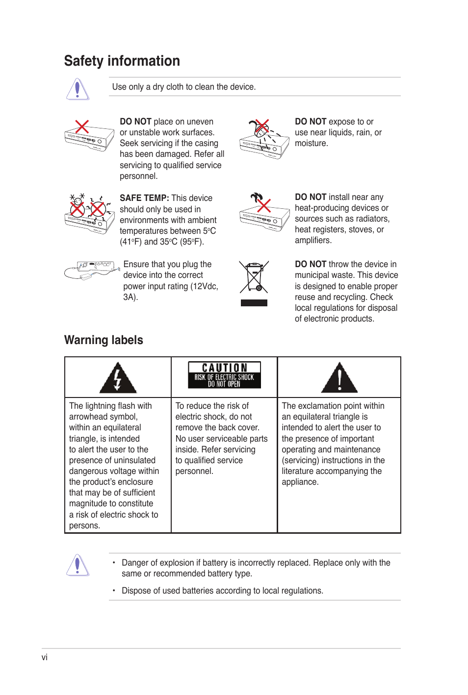 Safety information, Warning labels | Asus O!Play Gallery User Manual | Page 6 / 74