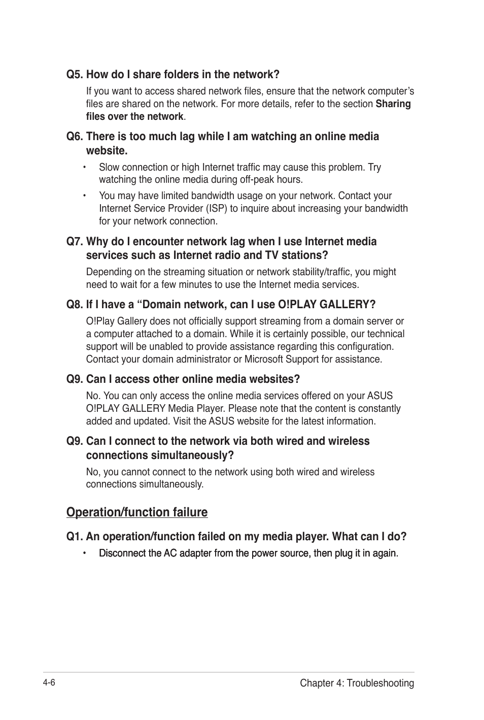 Operation/function failure, Operation/function failure -6 | Asus O!Play Gallery User Manual | Page 64 / 74