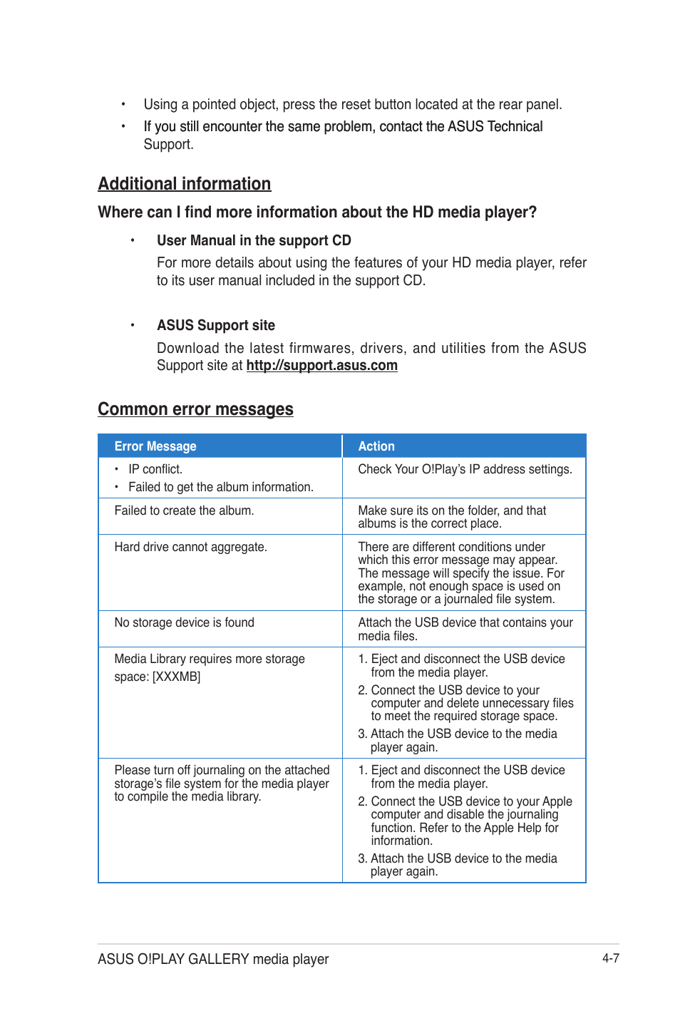 Additional information, Common error messages, Additional information -7 common error messages -7 | Asus O!Play Gallery User Manual | Page 65 / 74