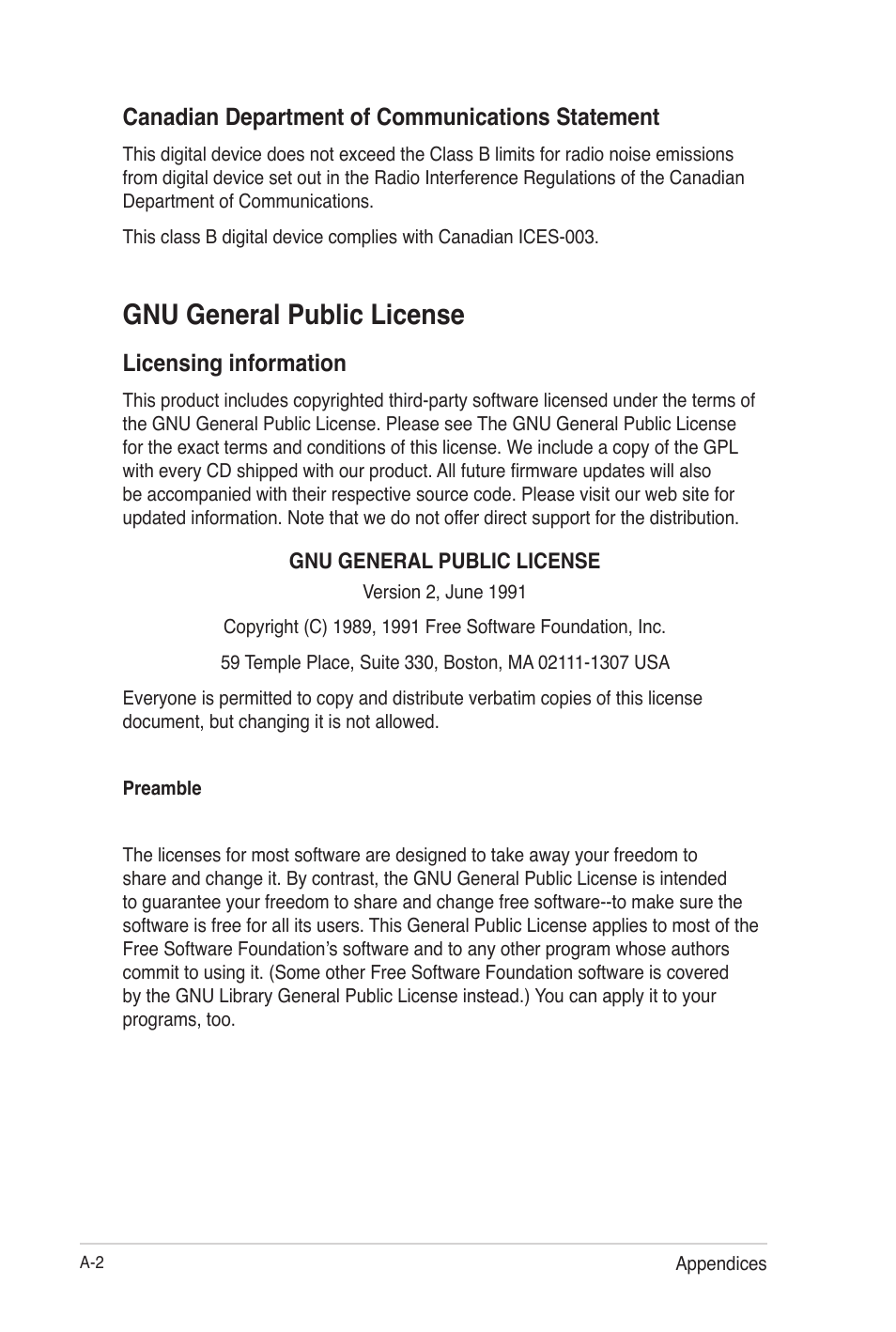 Gnu general public license, Canadian department of communications statement, Licensing information | Asus O!Play Gallery User Manual | Page 68 / 74