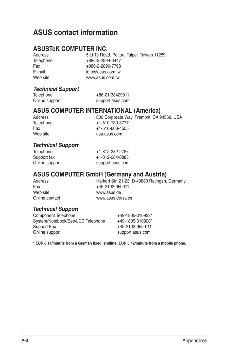 Asus contact information, Asustek computer inc, Asus computer international (america) | Asus computer gmbh (germany and austria), Technical support | Asus O!Play Gallery User Manual | Page 74 / 74