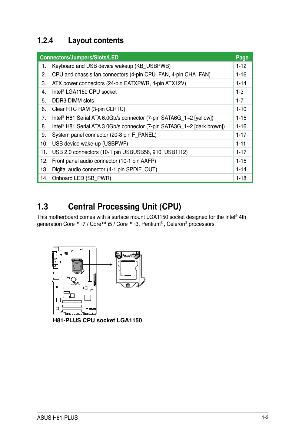 3 central processing unit (cpu), Central processing unit (cpu) -3, 4 layout contents | Asus H81-PLUS User Manual | Page 11 / 73