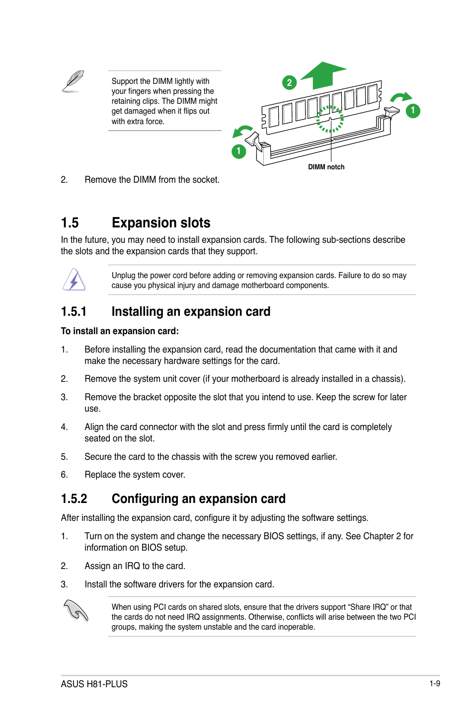 5 expansion slots, Expansion slots -9, 1 installing an expansion card | 2 configuring an expansion card | Asus H81-PLUS User Manual | Page 17 / 73