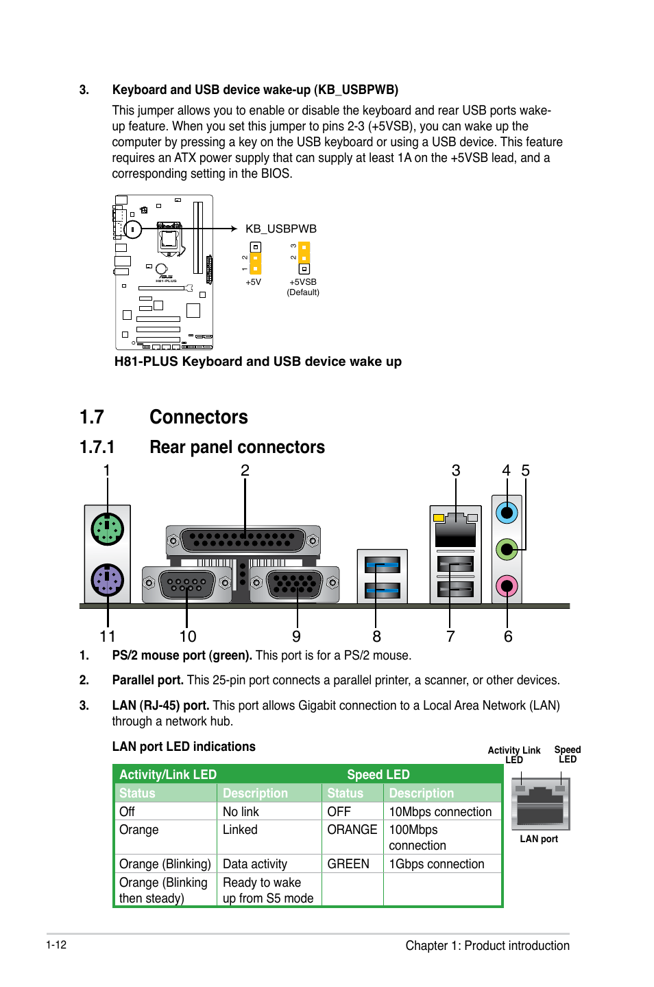 7 connectors, Connectors -12, 1 rear panel connectors | Asus H81-PLUS User Manual | Page 20 / 73