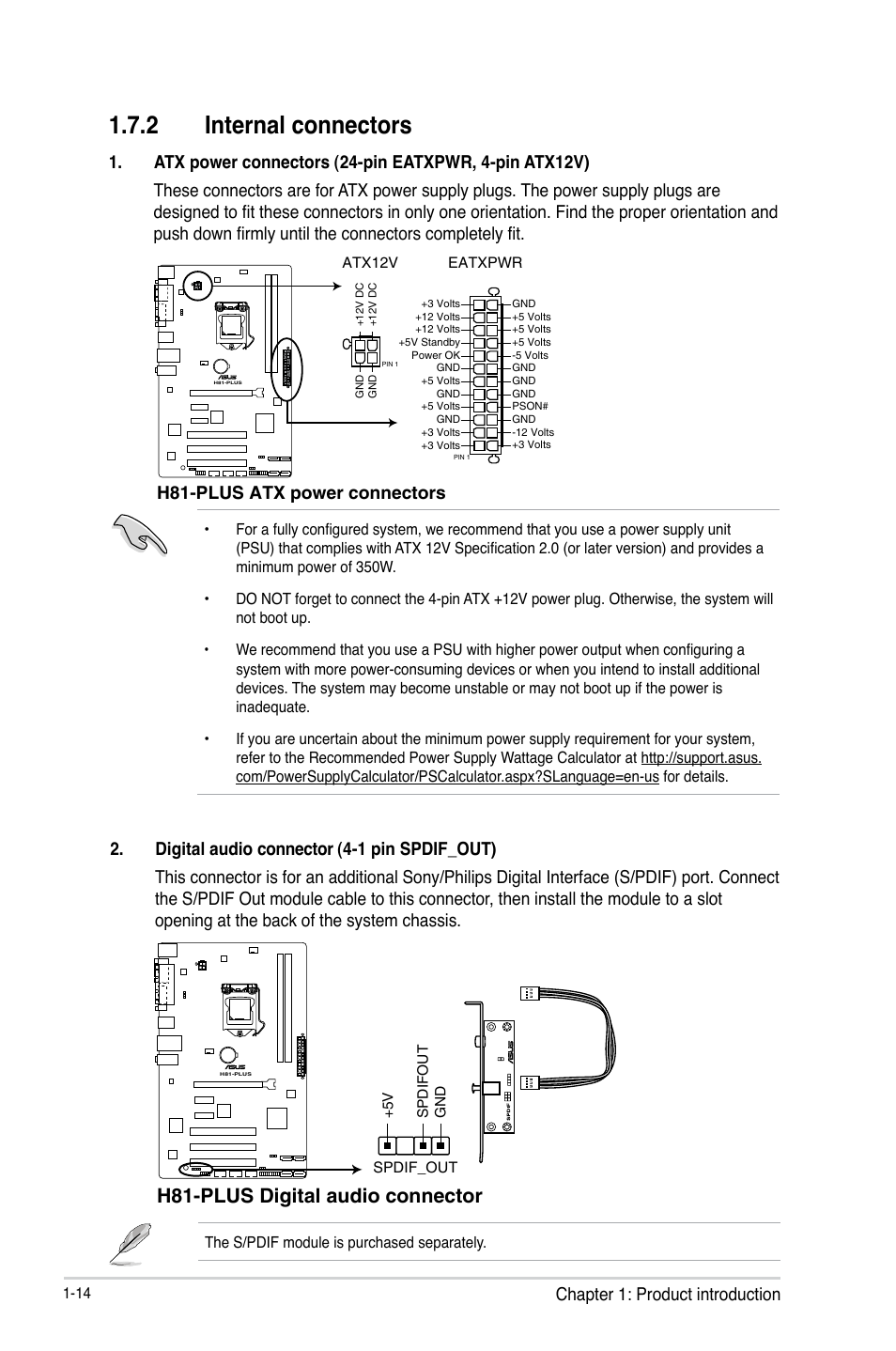 2 internal connectors, H81-plus digital audio connector, Chapter 1: product introduction | H81-plus atx power connectors | Asus H81-PLUS User Manual | Page 22 / 73