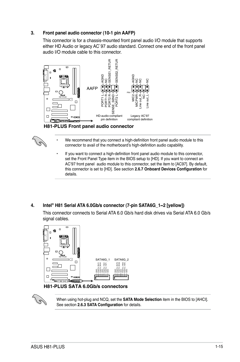 Asus h81-plus, H81-plus front panel audio connector, Intel | H81-plus sata 6.0gb/s connectors | Asus H81-PLUS User Manual | Page 23 / 73