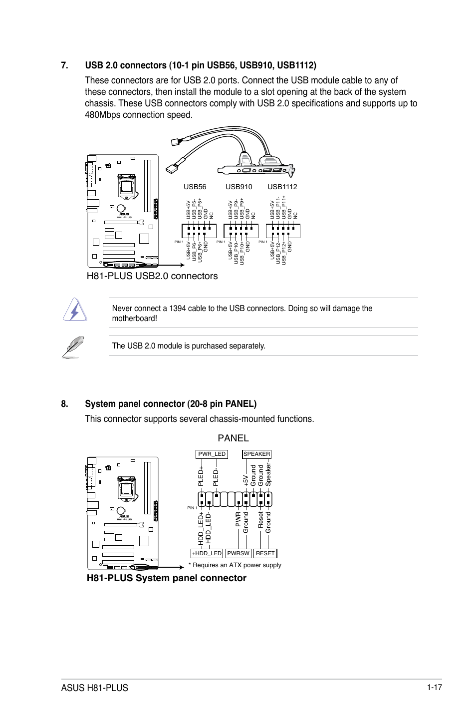 Asus h81-plus, H81-plus usb2.0 connectors, H81-plus system panel connector | Panel | Asus H81-PLUS User Manual | Page 25 / 73