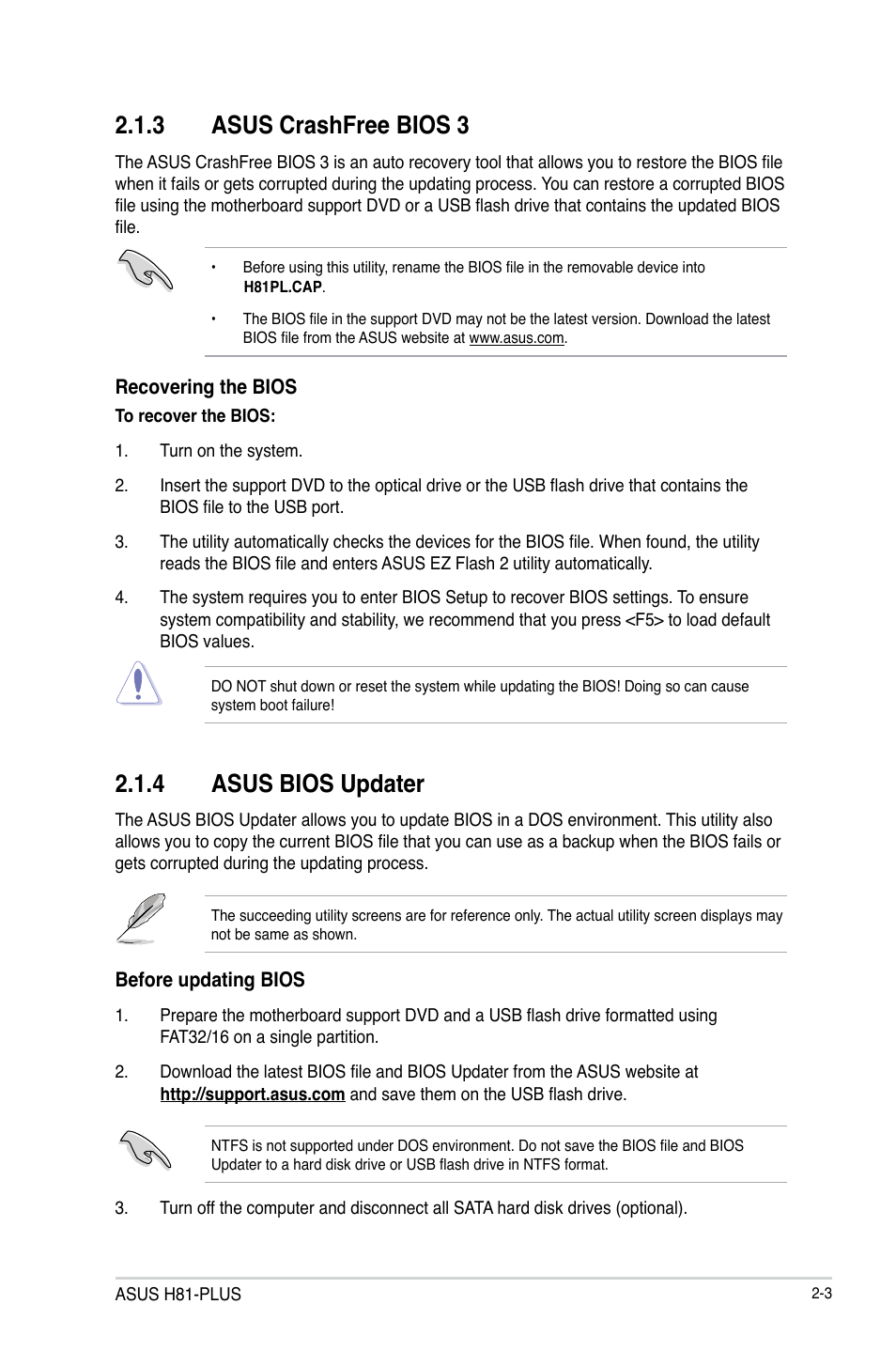 3 asus crashfree bios 3, 4 asus bios updater | Asus H81-PLUS User Manual | Page 30 / 73