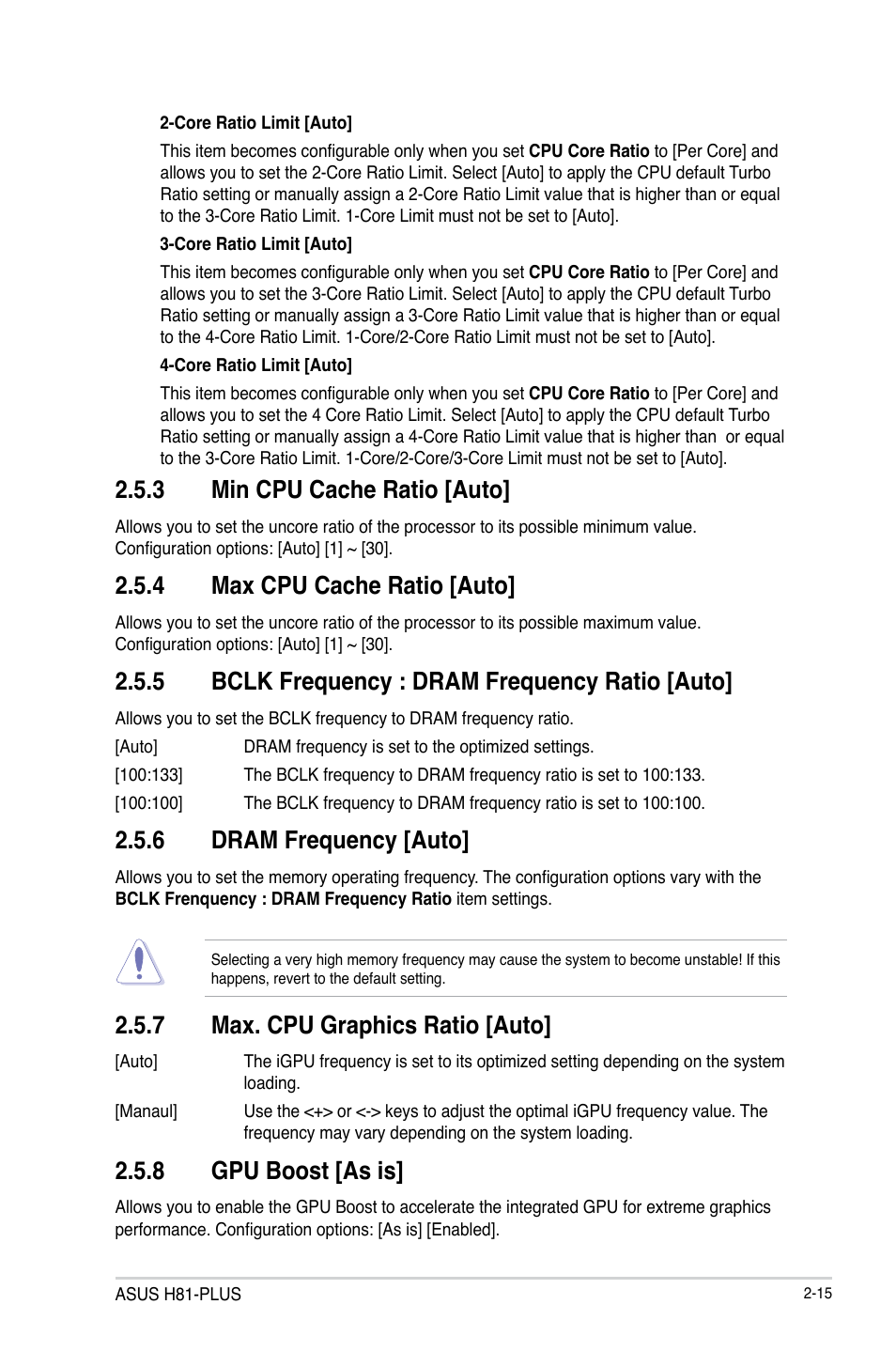 3 min cpu cache ratio [auto, 4 max cpu cache ratio [auto, 5 bclk frequency : dram frequency ratio [auto | 6 dram frequency [auto, 7 max. cpu graphics ratio [auto, 8 gpu boost [as is | Asus H81-PLUS User Manual | Page 42 / 73