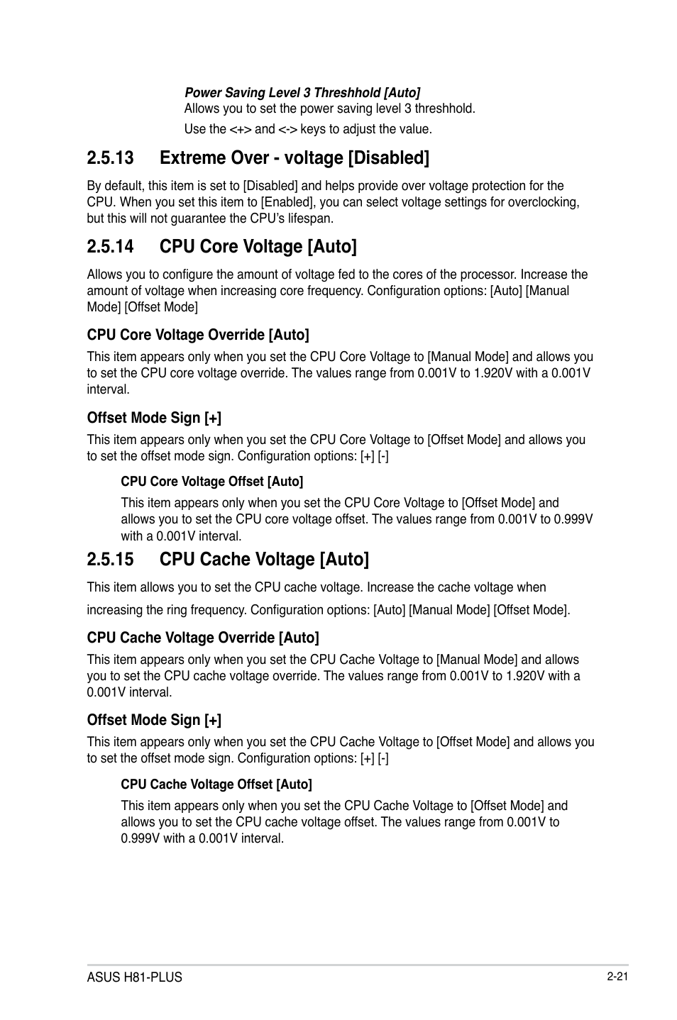 13 extreme over - voltage [disabled, 14 cpu core voltage [auto, 15 cpu cache voltage [auto | Asus H81-PLUS User Manual | Page 48 / 73