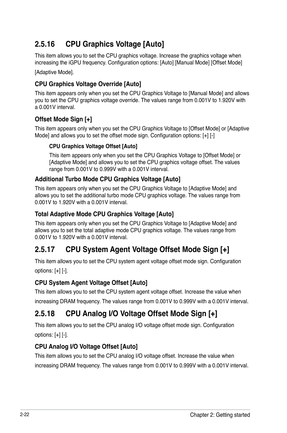 16 cpu graphics voltage [auto, 17 cpu system agent voltage offset mode sign, 18 cpu analog i/o voltage offset mode sign | Asus H81-PLUS User Manual | Page 49 / 73