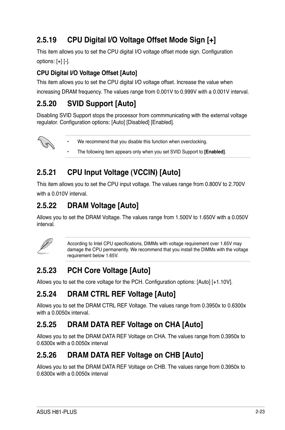 19 cpu digital i/o voltage offset mode sign, 20 svid support [auto, 21 cpu input voltage (vccin) [auto | 22 dram voltage [auto, 23 pch core voltage [auto, 24 dram ctrl ref voltage [auto, 25 dram data ref voltage on cha [auto, 26 dram data ref voltage on chb [auto | Asus H81-PLUS User Manual | Page 50 / 73