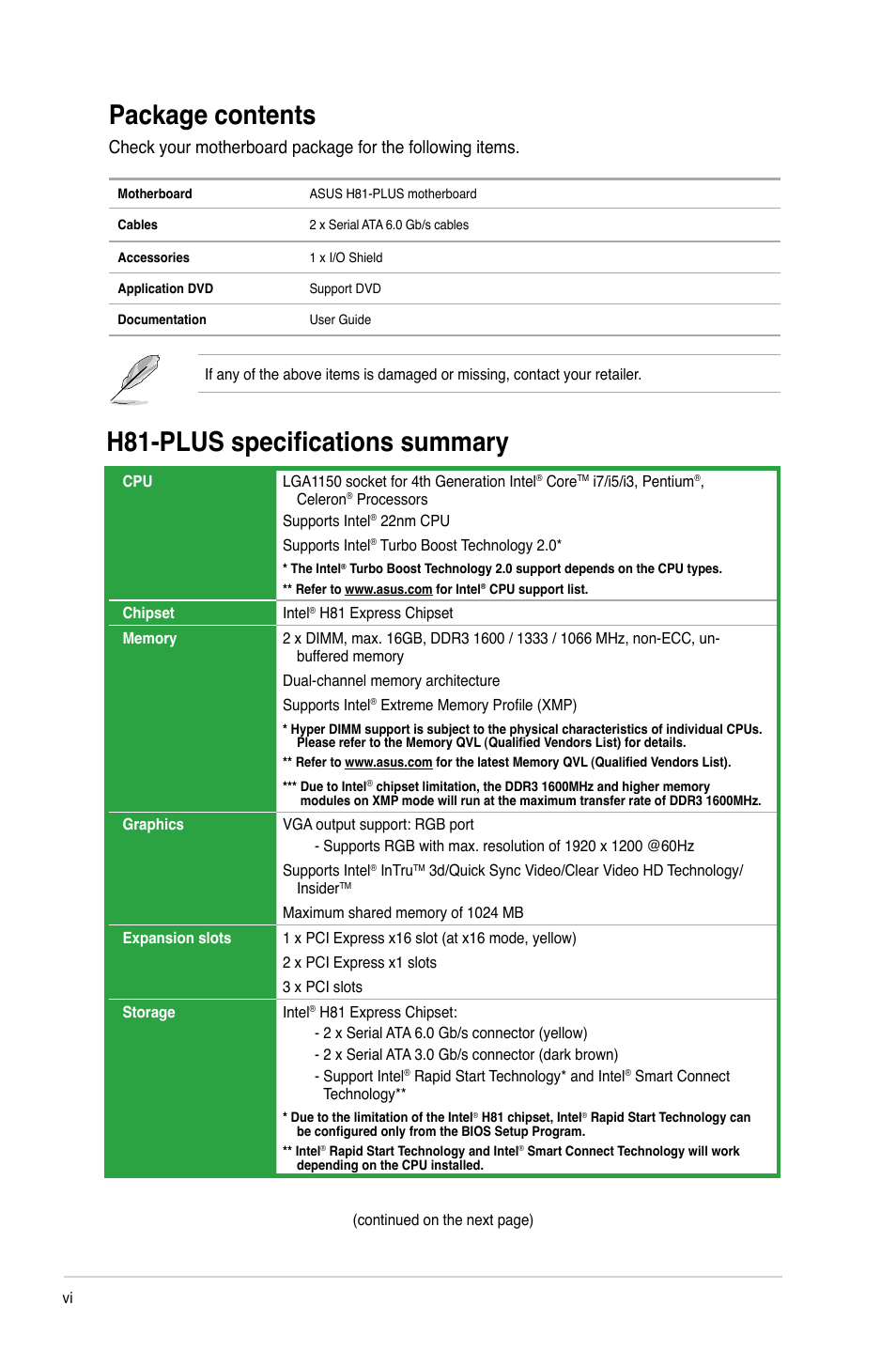 Package contents, H81-plus specifications summary | Asus H81-PLUS User Manual | Page 6 / 73