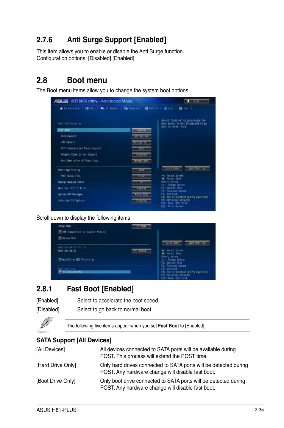 8 boot menu, Boot menu -35, 1 fast boot [enabled | 6 anti surge support [enabled | Asus H81-PLUS User Manual | Page 62 / 73