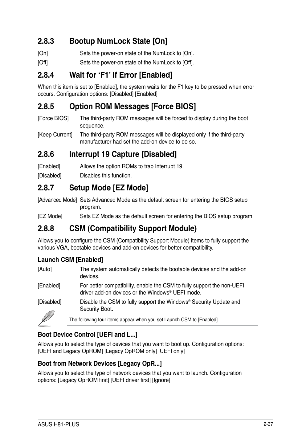 3 bootup numlock state [on, 4 wait for ‘f1’ if error [enabled, 5 option rom messages [force bios | 6 interrupt 19 capture [disabled, 7 setup mode [ez mode, 8 csm (compatibility support module) | Asus H81-PLUS User Manual | Page 64 / 73