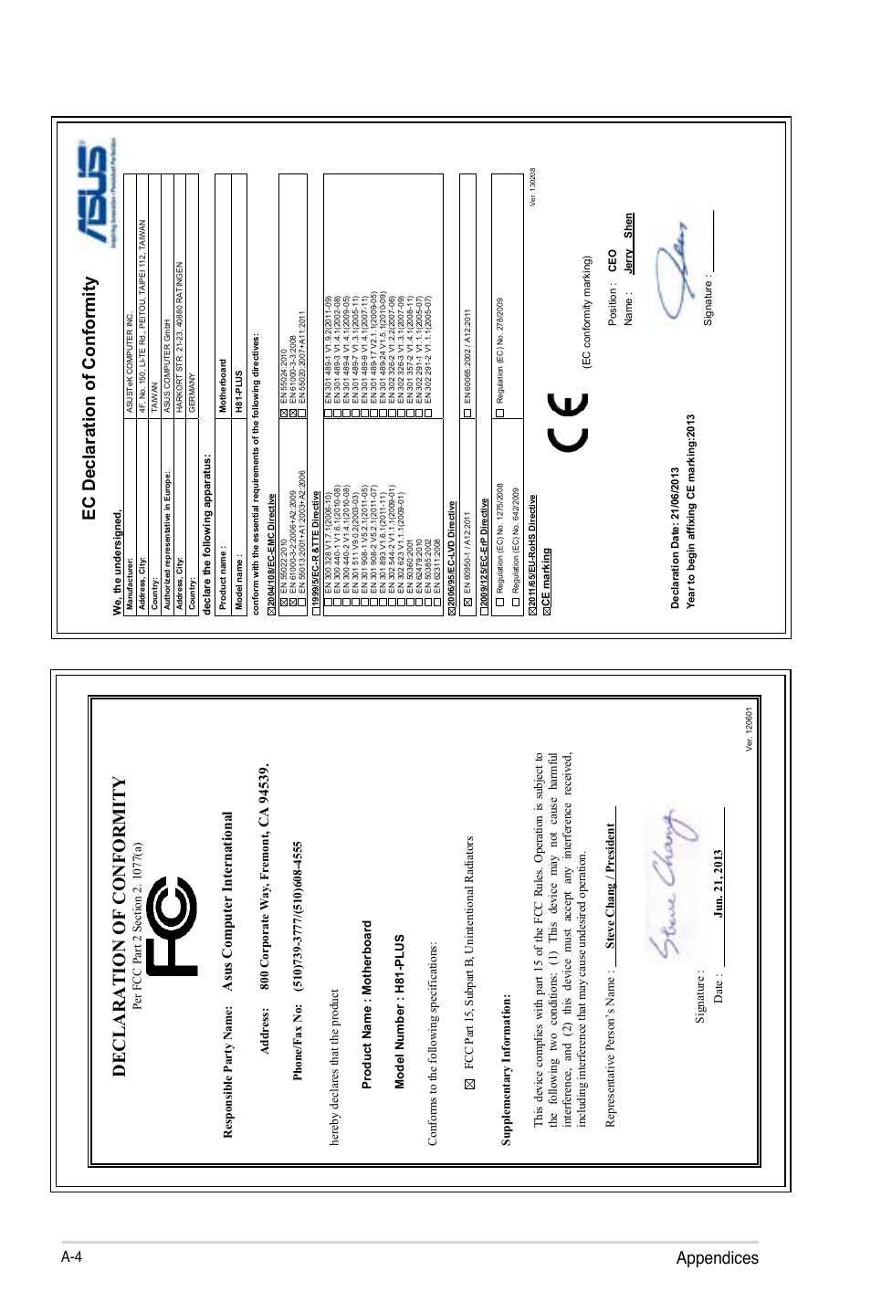 Declaration of conformity, Appendices, Ec declaration of conformity | Asu s c om pu te r in te rn at io na l, Address: 800 corporate way, fremont | Asus H81-PLUS User Manual | Page 73 / 73