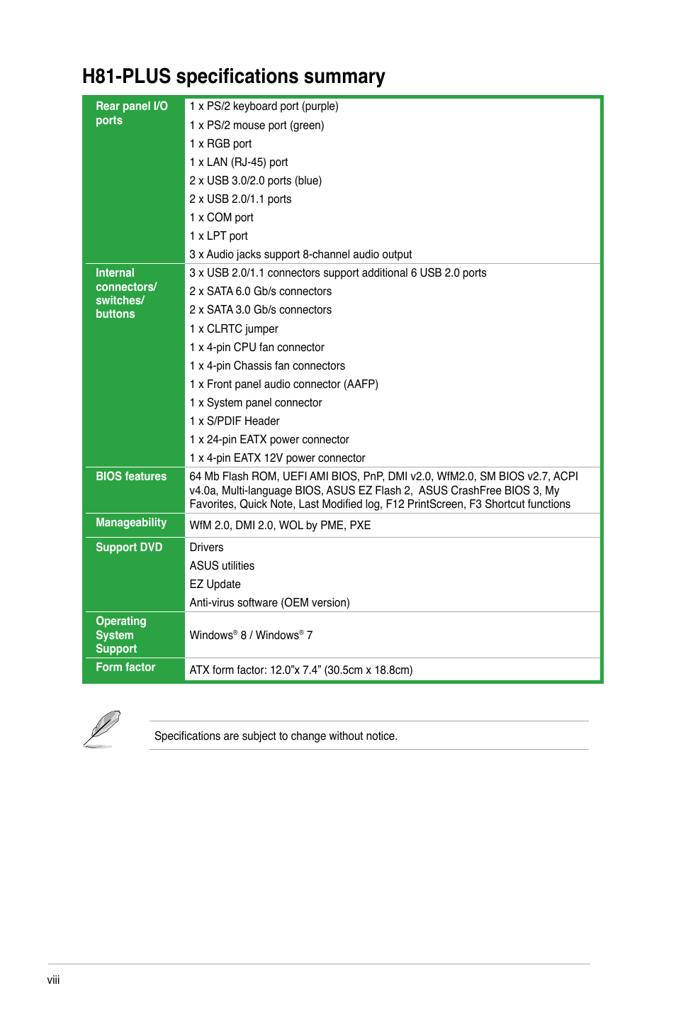 H81-plus specifications summary | Asus H81-PLUS User Manual | Page 8 / 73