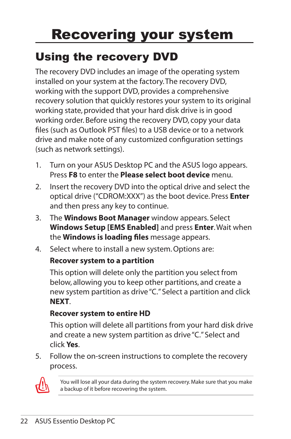 Recovering your system, Using the recovery dvd | Asus CG5285 User Manual | Page 22 / 25