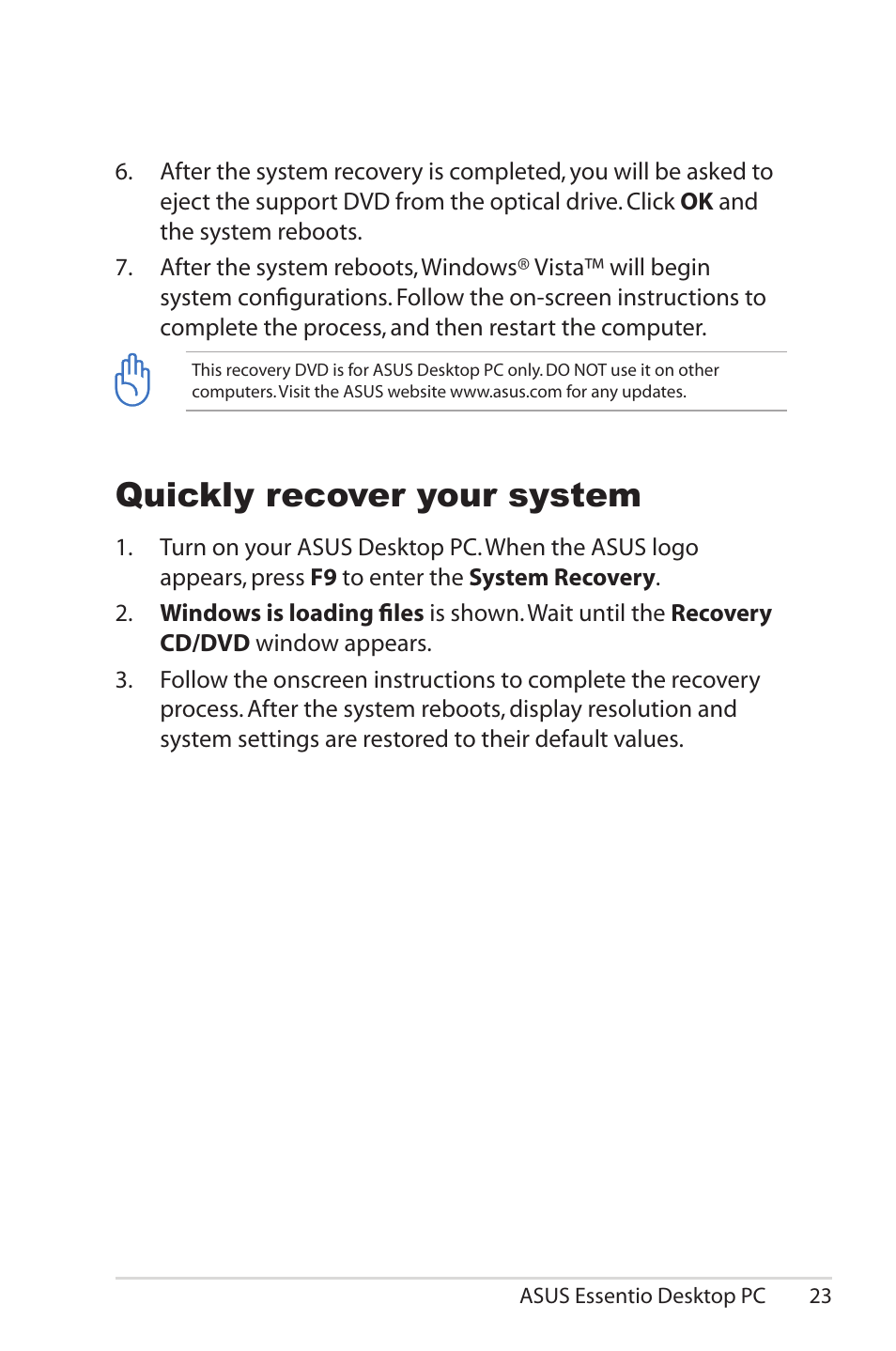 Quickly recover your system | Asus CG5285 User Manual | Page 23 / 25
