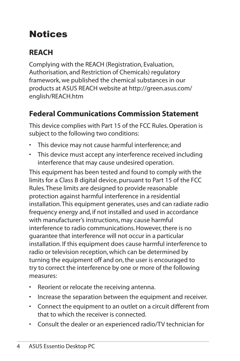 Notices, Reach, Federal communications commission statement | Asus CG5285 User Manual | Page 4 / 25