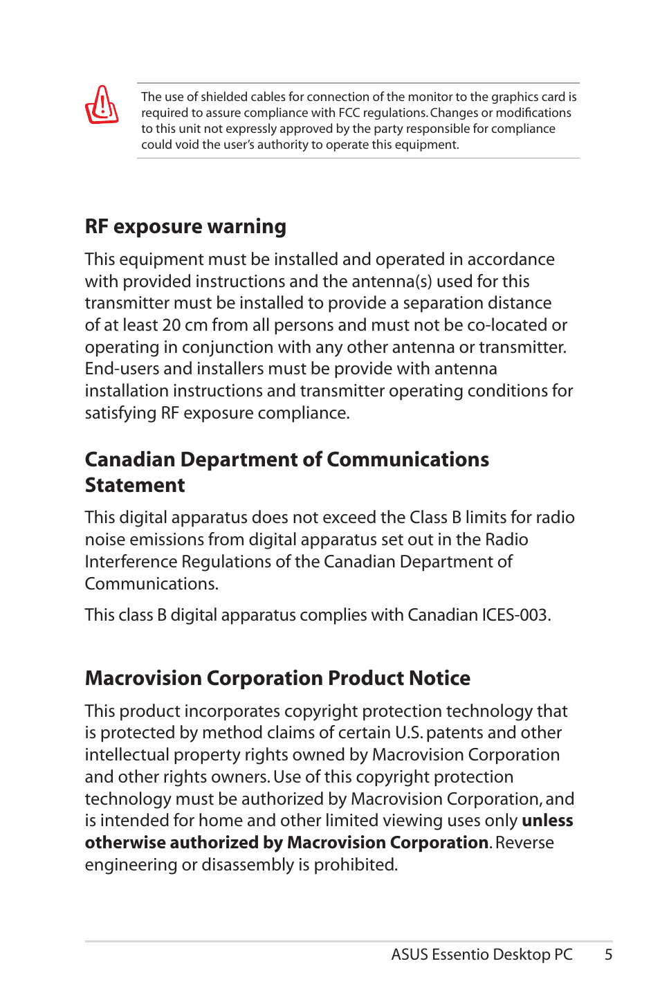 Canadian department of communications statement, Macrovision corporation product notice, Rf exposure warning | Asus CG5285 User Manual | Page 5 / 25