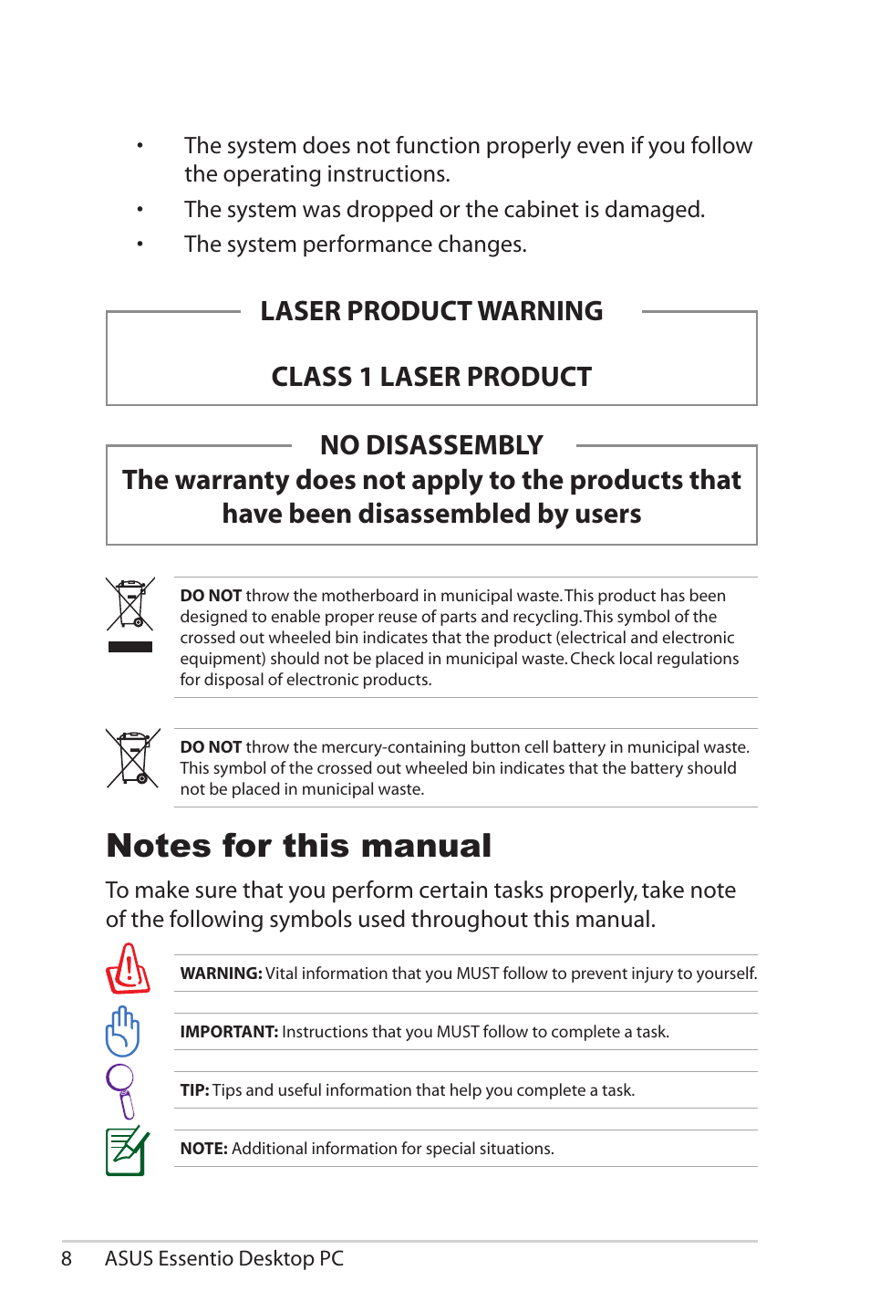 Notes for this manual, Laser product warning class 1 laser product | Asus CG5285 User Manual | Page 8 / 25