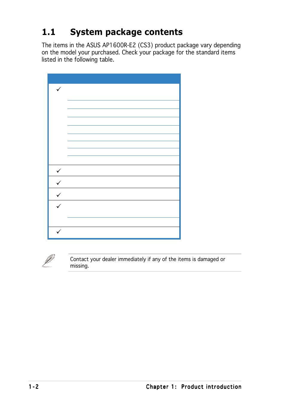 1 system package contents | Asus AP1600R-E2(CS3) User Manual | Page 12 / 104