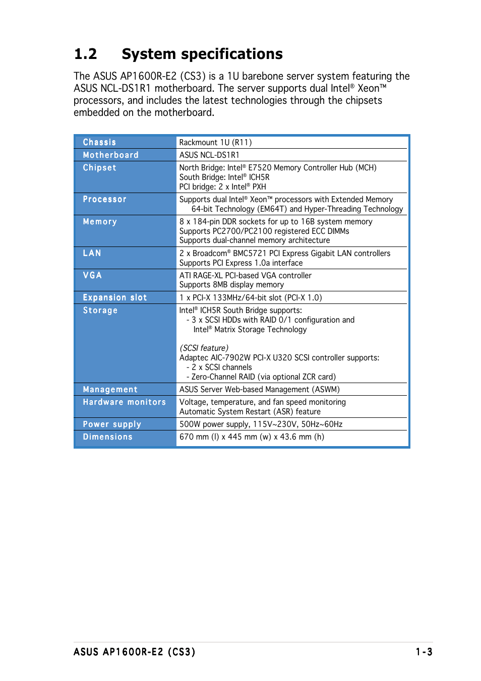 2 system specifications | Asus AP1600R-E2(CS3) User Manual | Page 13 / 104