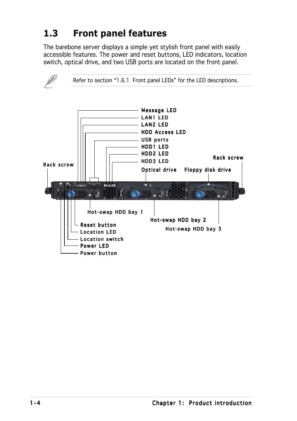 3 front panel features | Asus AP1600R-E2(CS3) User Manual | Page 14 / 104