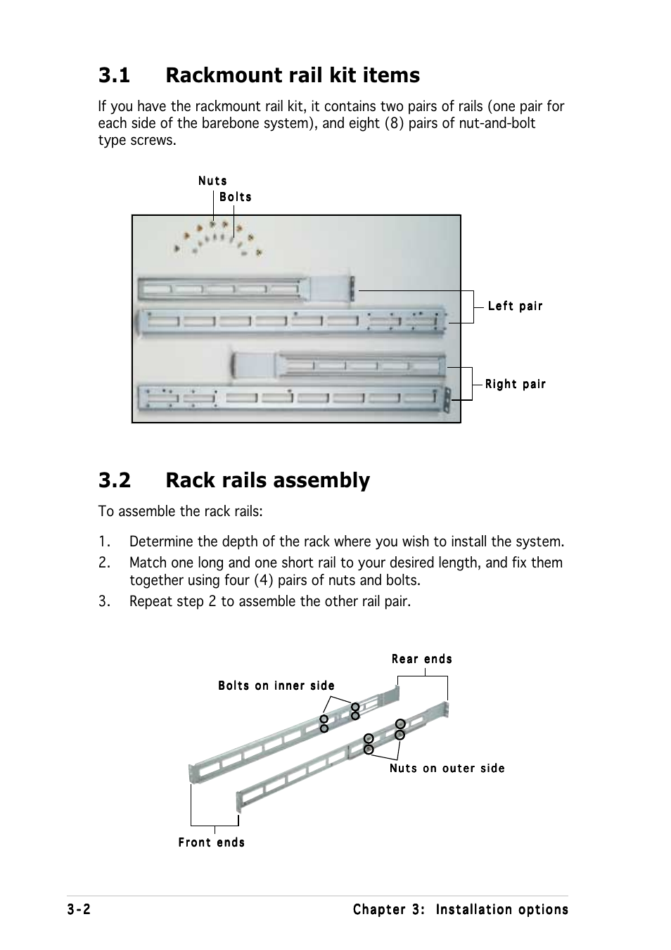 1 rackmount rail kit items, 2 rack rails assembly | Asus AP1600R-E2(CS3) User Manual | Page 44 / 104