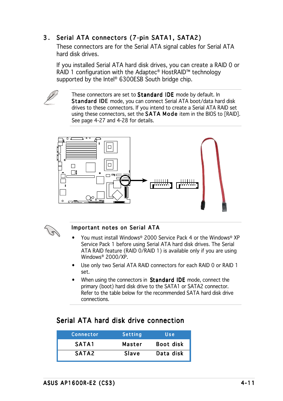 Serial ata hard disk drive connection, Hostraid™ technology supported by the intel, 6300esb south bridge chip | Asus AP1600R-E2(CS3) User Manual | Page 57 / 104