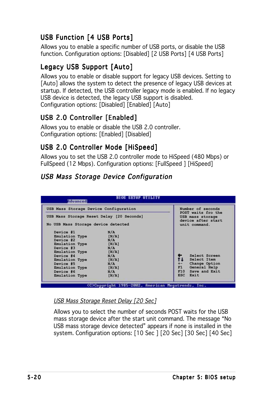 Usb function [4 usb ports, Legacy usb support [auto, Usb 2.0 controller [enabled | Usb 2.0 controller mode [hispeed, Usb mass storage device configuration | Asus AP1600R-E2(CS3) User Manual | Page 84 / 104