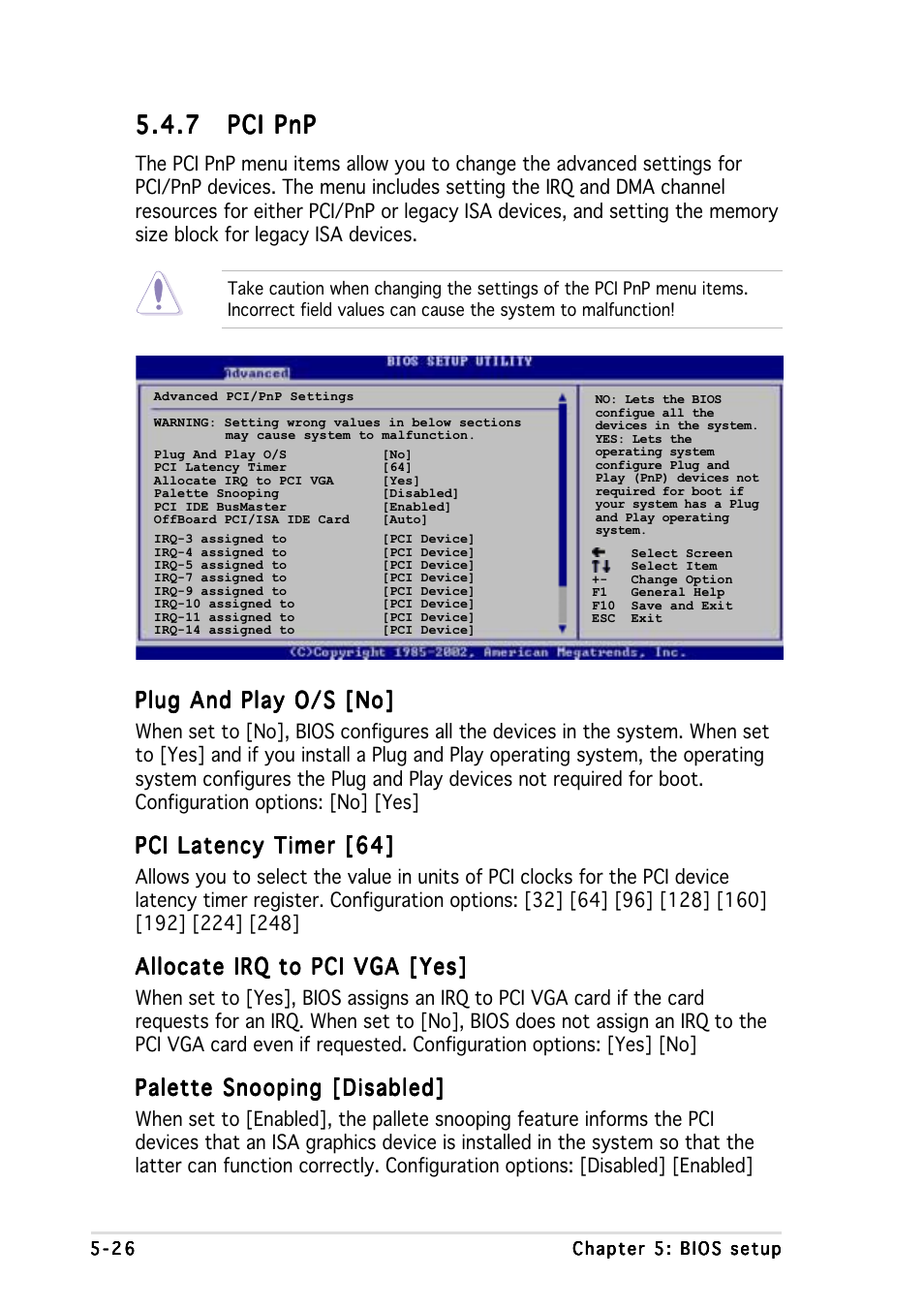 7 pci pnp pci pnp pci pnp pci pnp pci pnp, Plug and play o/s [no, Pci latency timer [64 | Allocate irq to pci vga [yes, Palette snooping [disabled | Asus AP1600R-E2(CS3) User Manual | Page 90 / 104