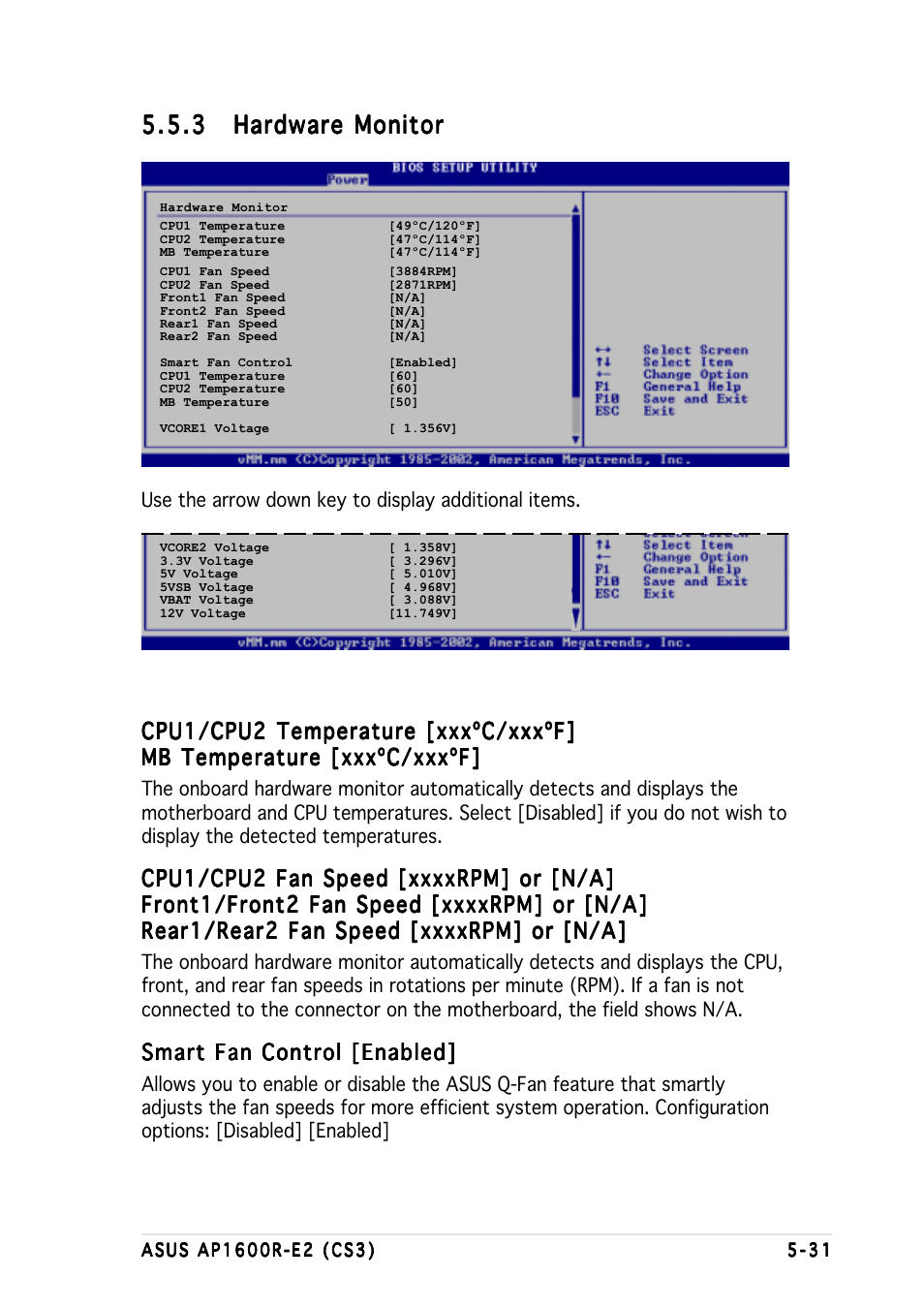 Cpu1/cpu2 temperature [xxxºc/xxxºf, Smart fan control [enabled | Asus AP1600R-E2(CS3) User Manual | Page 95 / 104