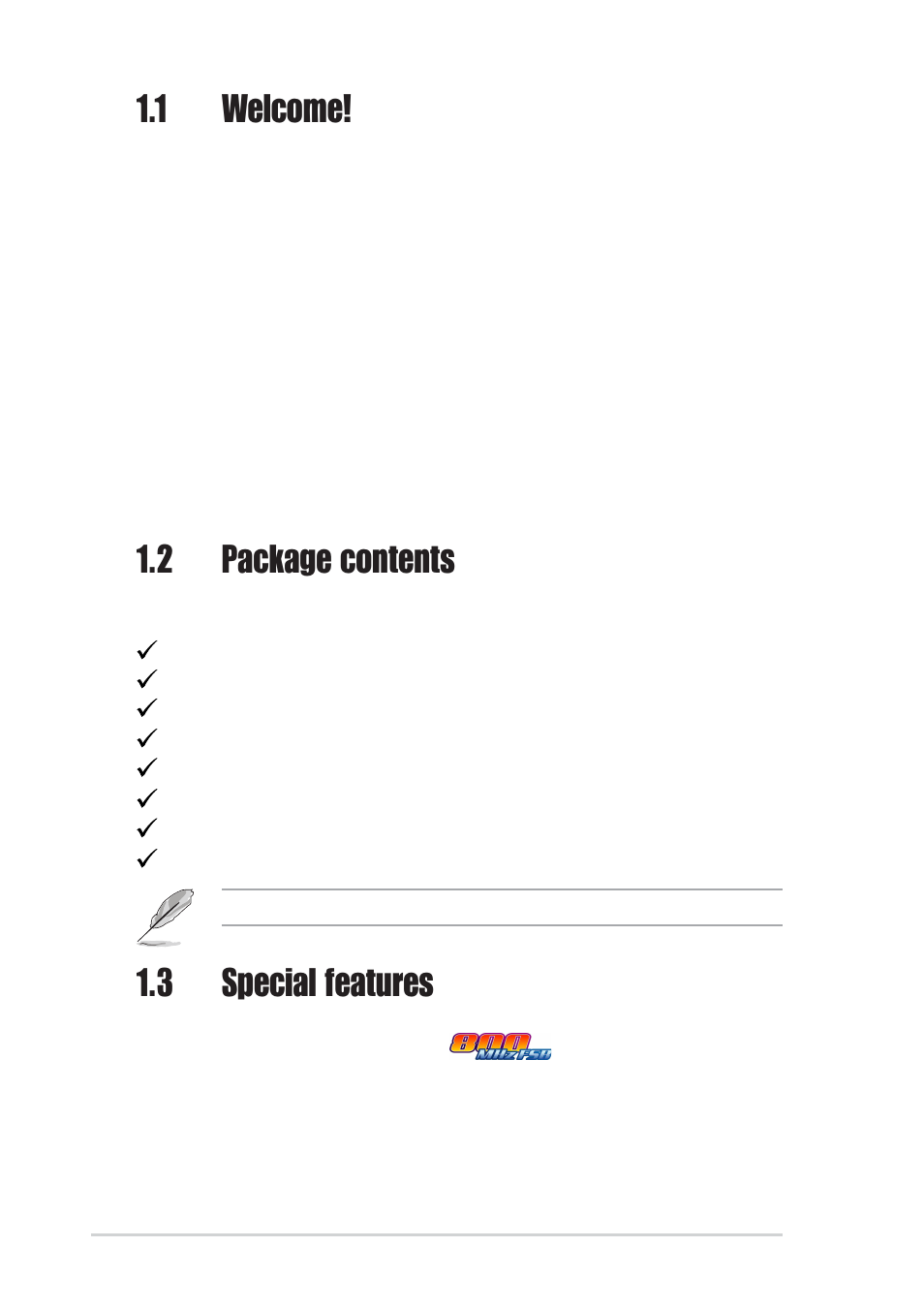 1 welcome, 2 package contents, 3 special features | Asus P4V800-X User Manual | Page 12 / 74