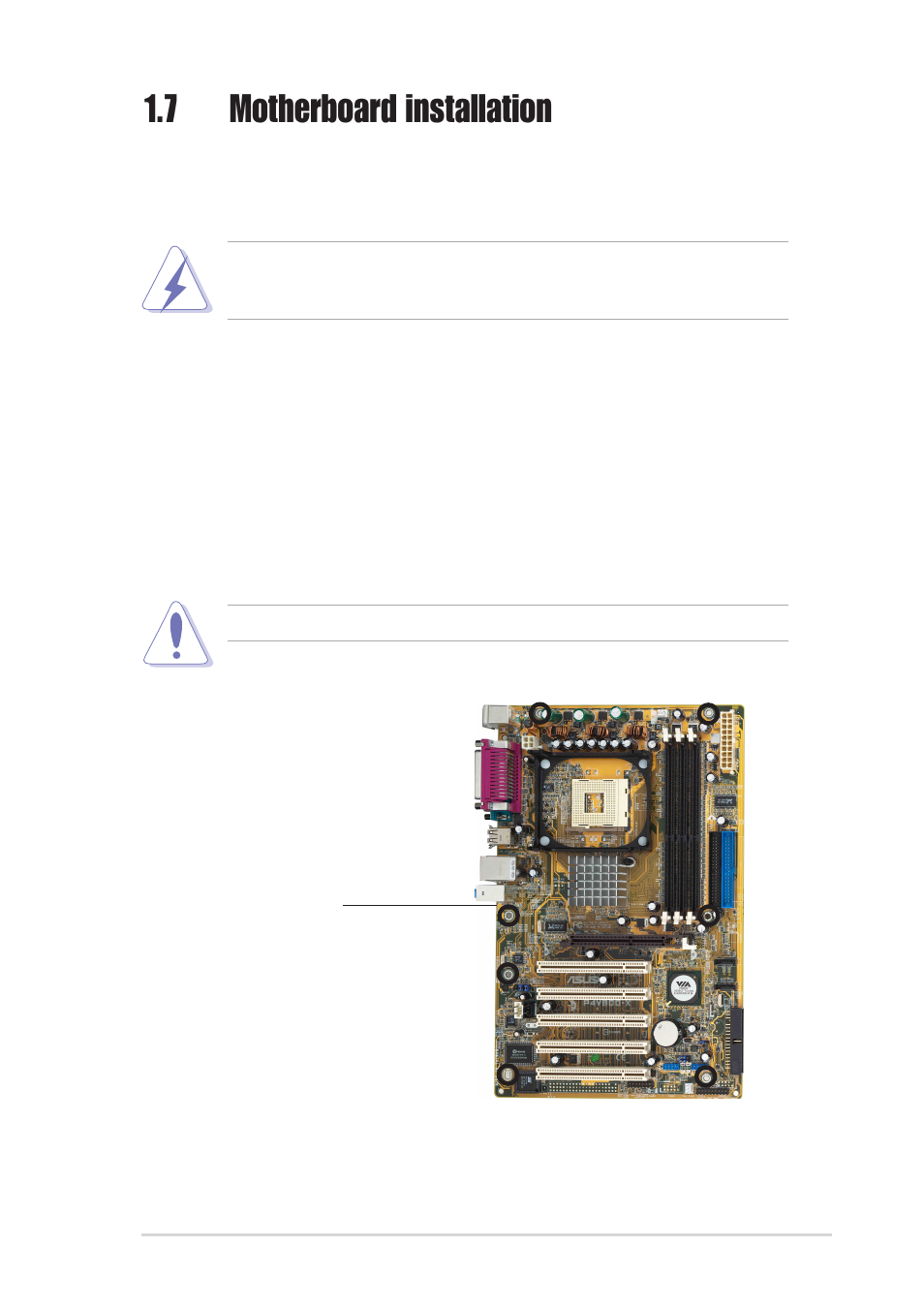 7 motherboard installation, 1 placement direction, 2 screw holes | Asus P4V800-X User Manual | Page 19 / 74