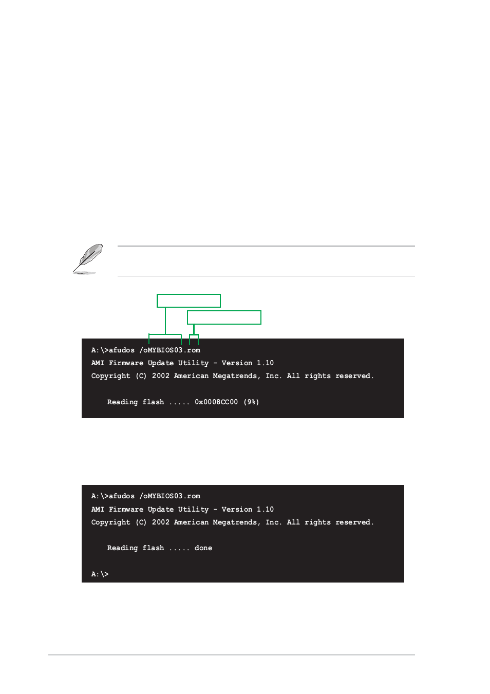 3 using afudos to copy bios from pc, 4 chapter 2: bios information | Asus P4V800-X User Manual | Page 38 / 74