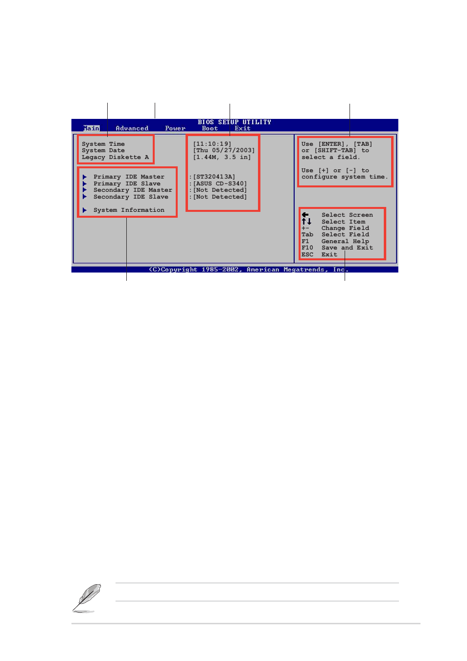 2 menu bar, 1 bios menu screen, 3 navigation keys | Asus P4V800-X User Manual | Page 43 / 74