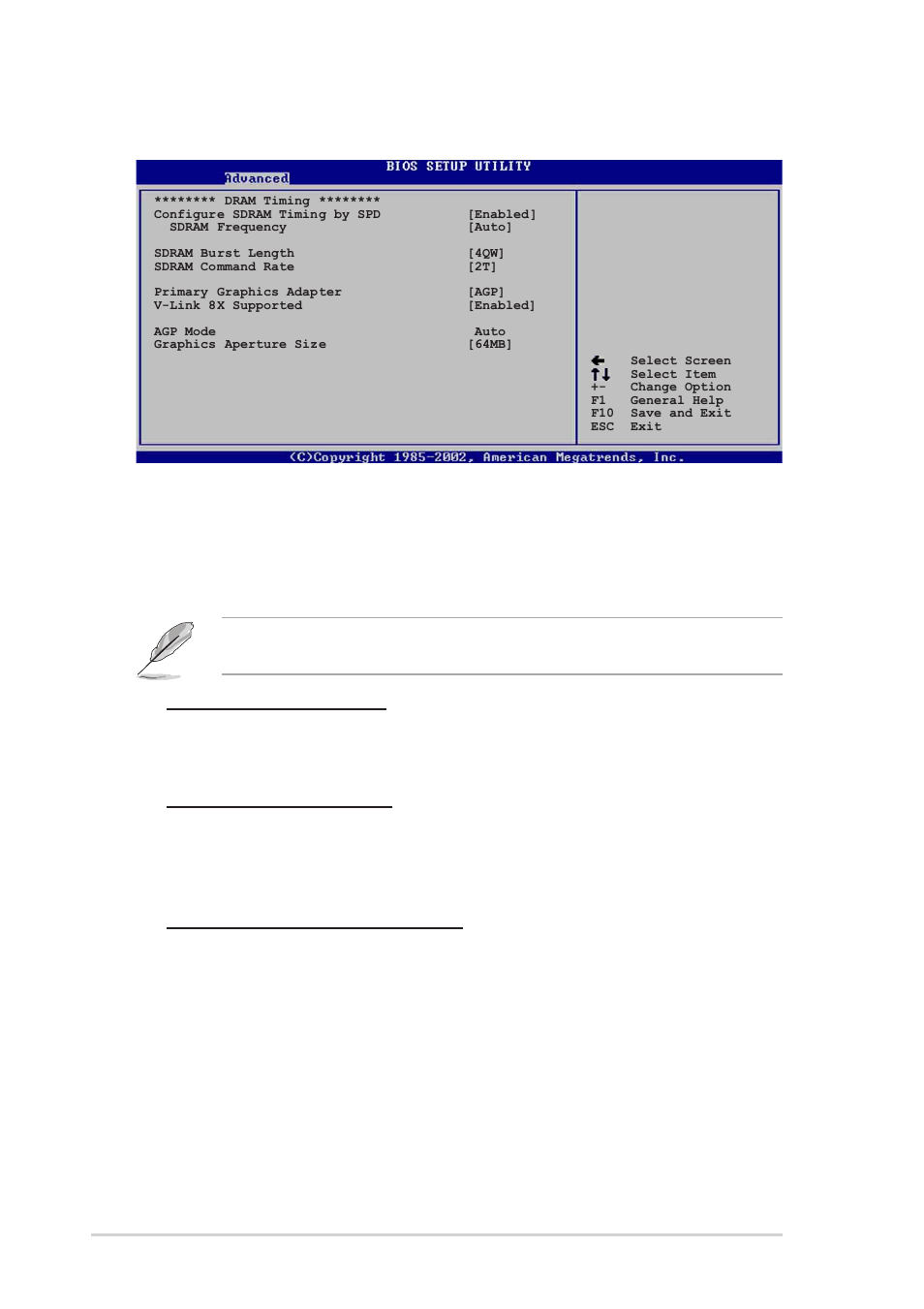 Configure dram timing by spd [enabled, Sdram burst length [4qw, Sdram command rate [2t | Primary graphics adapter [agp, 18 chapter 2: bios information, Sdram frequency [auto, Dram cas# latency [2.5, Sdram bank interleave [disabled | Asus P4V800-X User Manual | Page 52 / 74