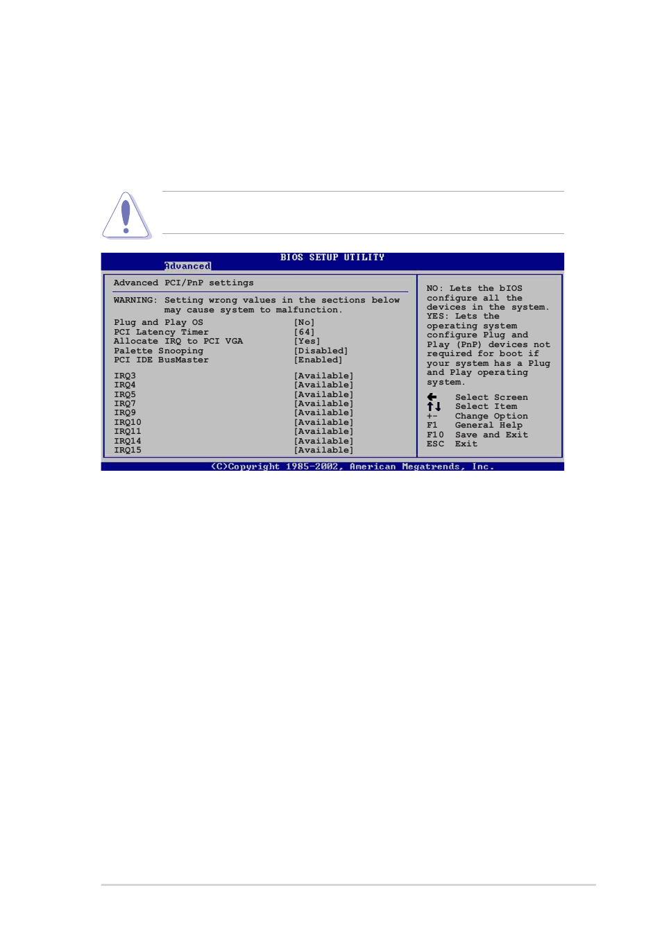 6 pci pnp, Plug and play o/s [no, Pci latency timer [64 | Allocate irq to pci vga [yes, Palette snooping [disabled | Asus P4V800-X User Manual | Page 55 / 74