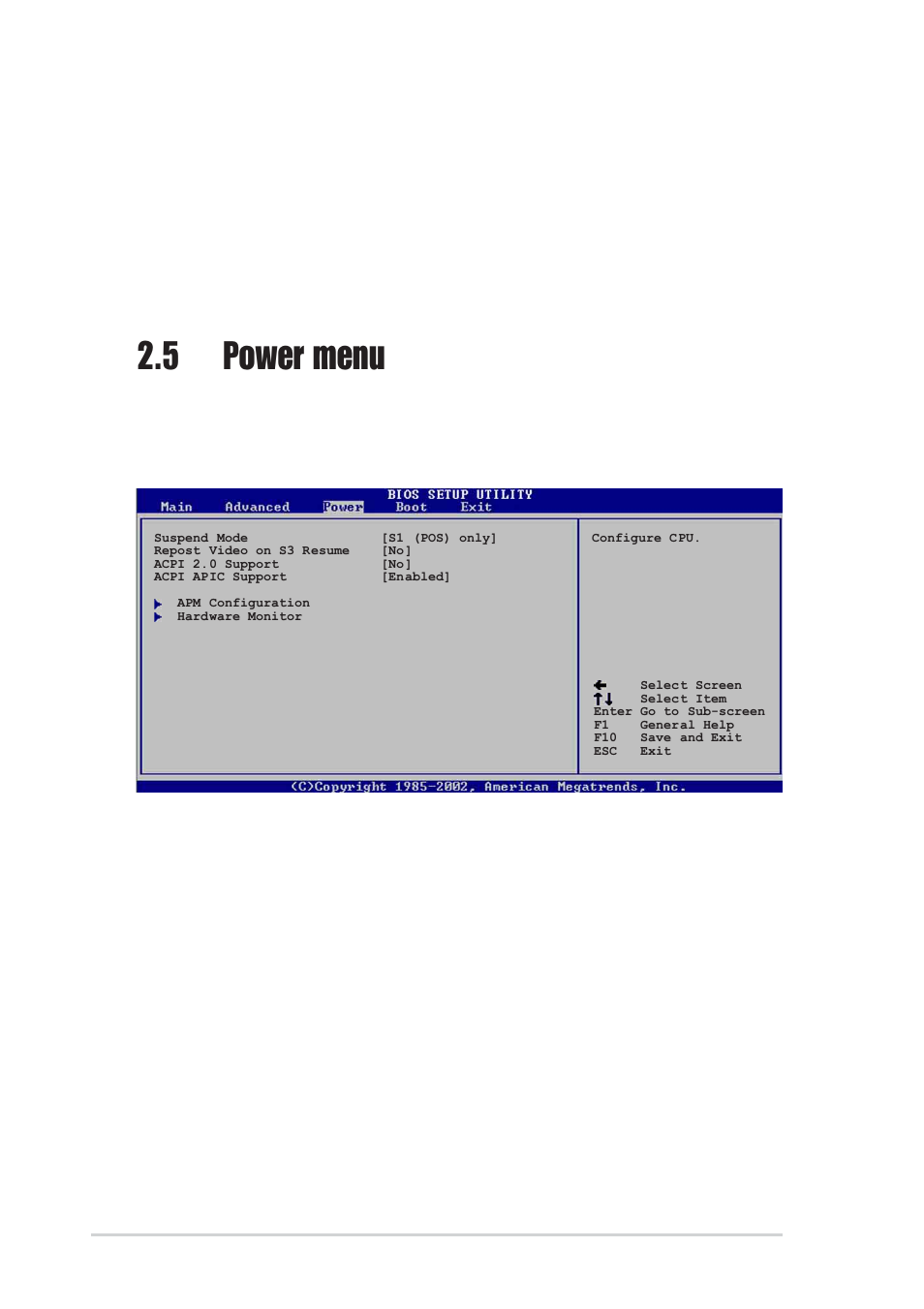 5 power menu, 1 suspend mode [s1 (pos) only, 2 repost video on s3 resume [no | 3 acpi 2.0 support [no | Asus P4V800-X User Manual | Page 56 / 74