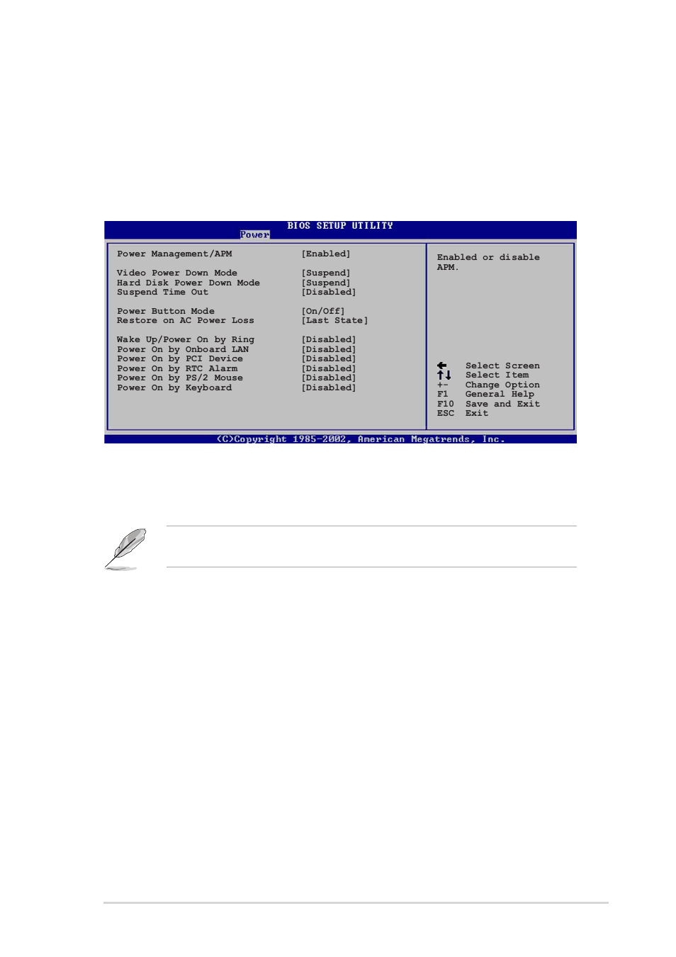 4 apm configuration, 4 acpi apic support [enabled, Power management/apm [enabled | Video power down mode [suspend, Hard disk power down mode [suspend, Suspend time out [disabled, Power button mode [on/off | Asus P4V800-X User Manual | Page 57 / 74