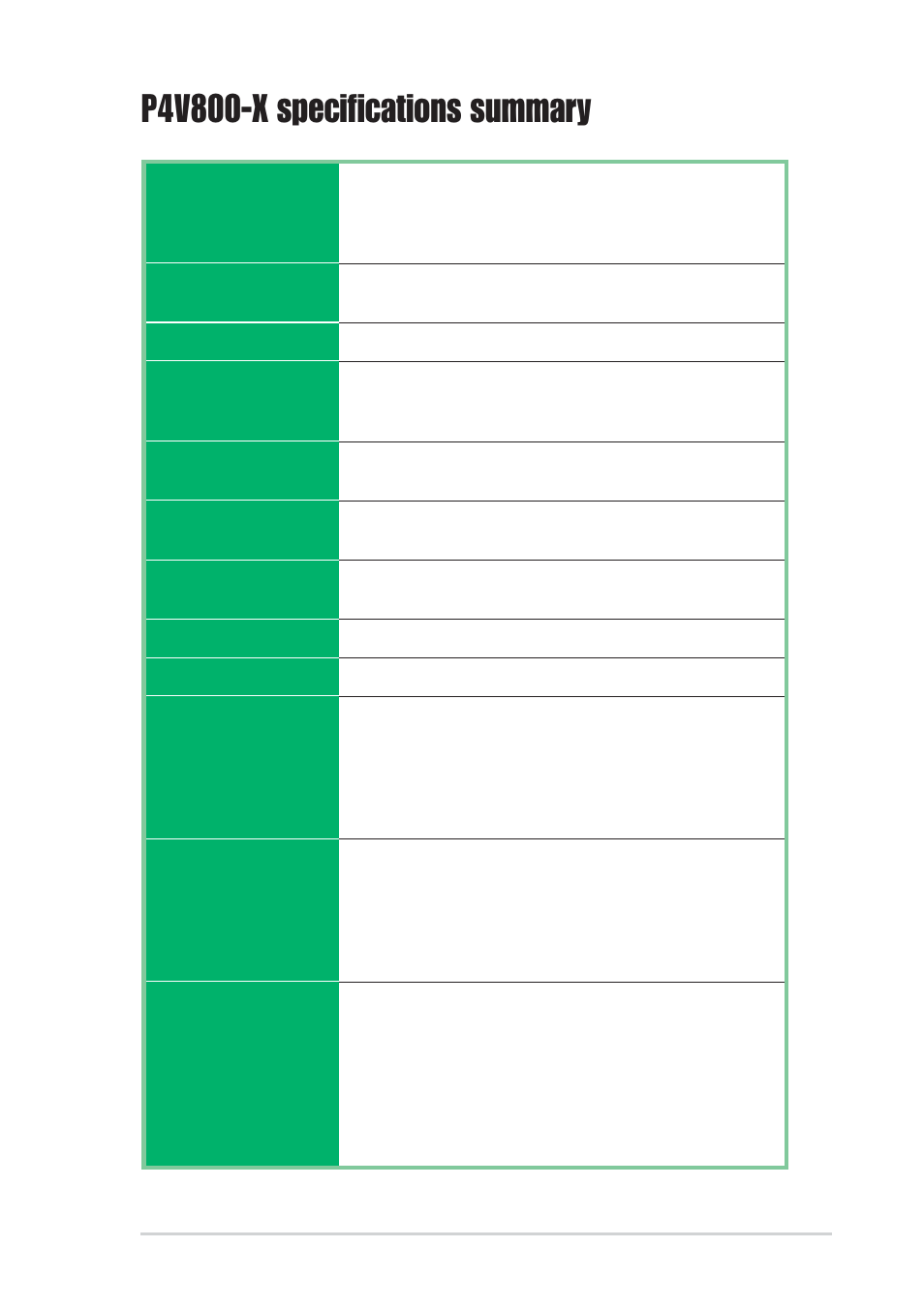 P4v800-x specifications summary | Asus P4V800-X User Manual | Page 9 / 74