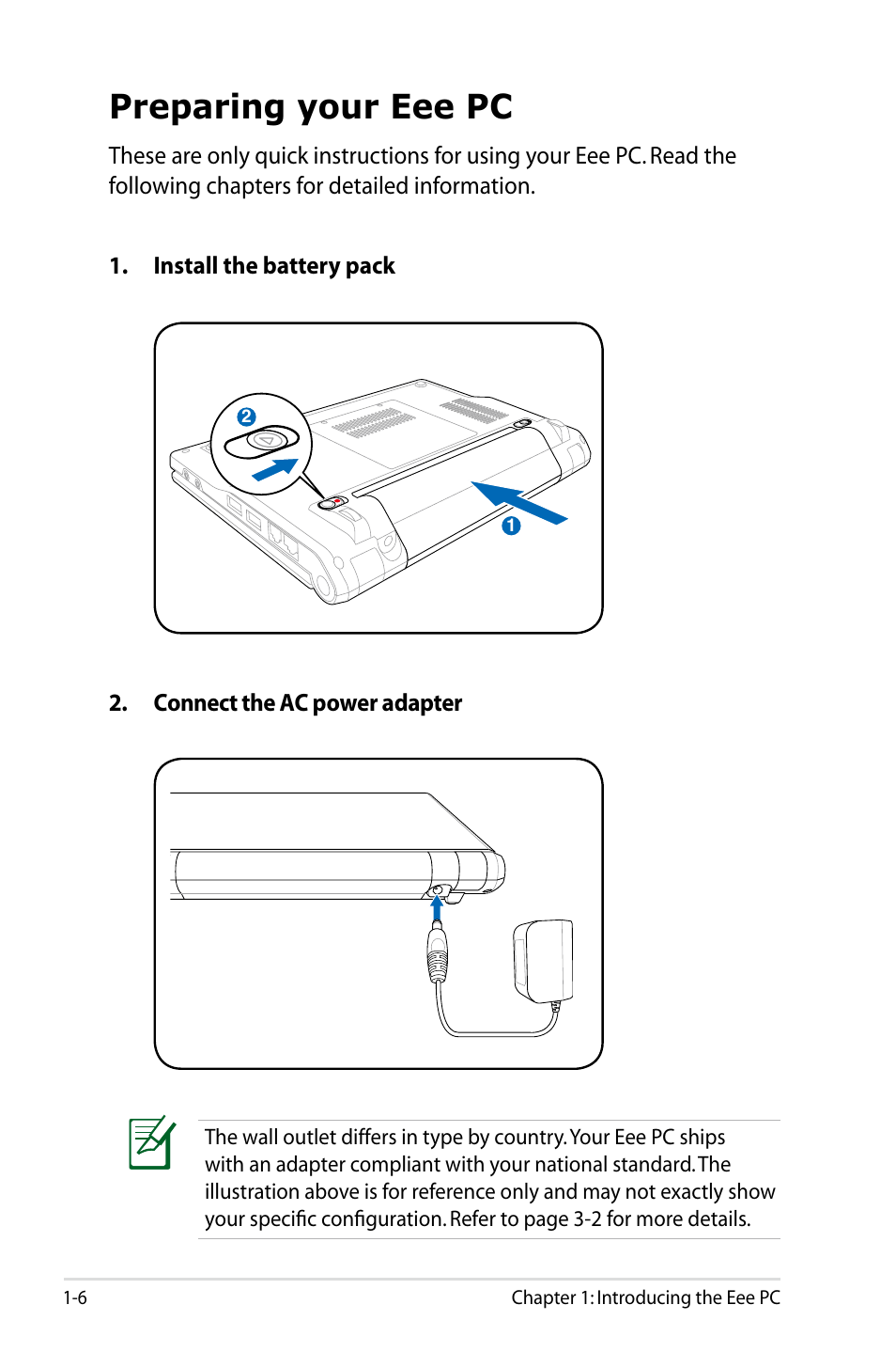 Preparing your eee pc, Preparing your eee pc -6 | Asus Eee PC 4G Surf/Linux User Manual | Page 10 / 140