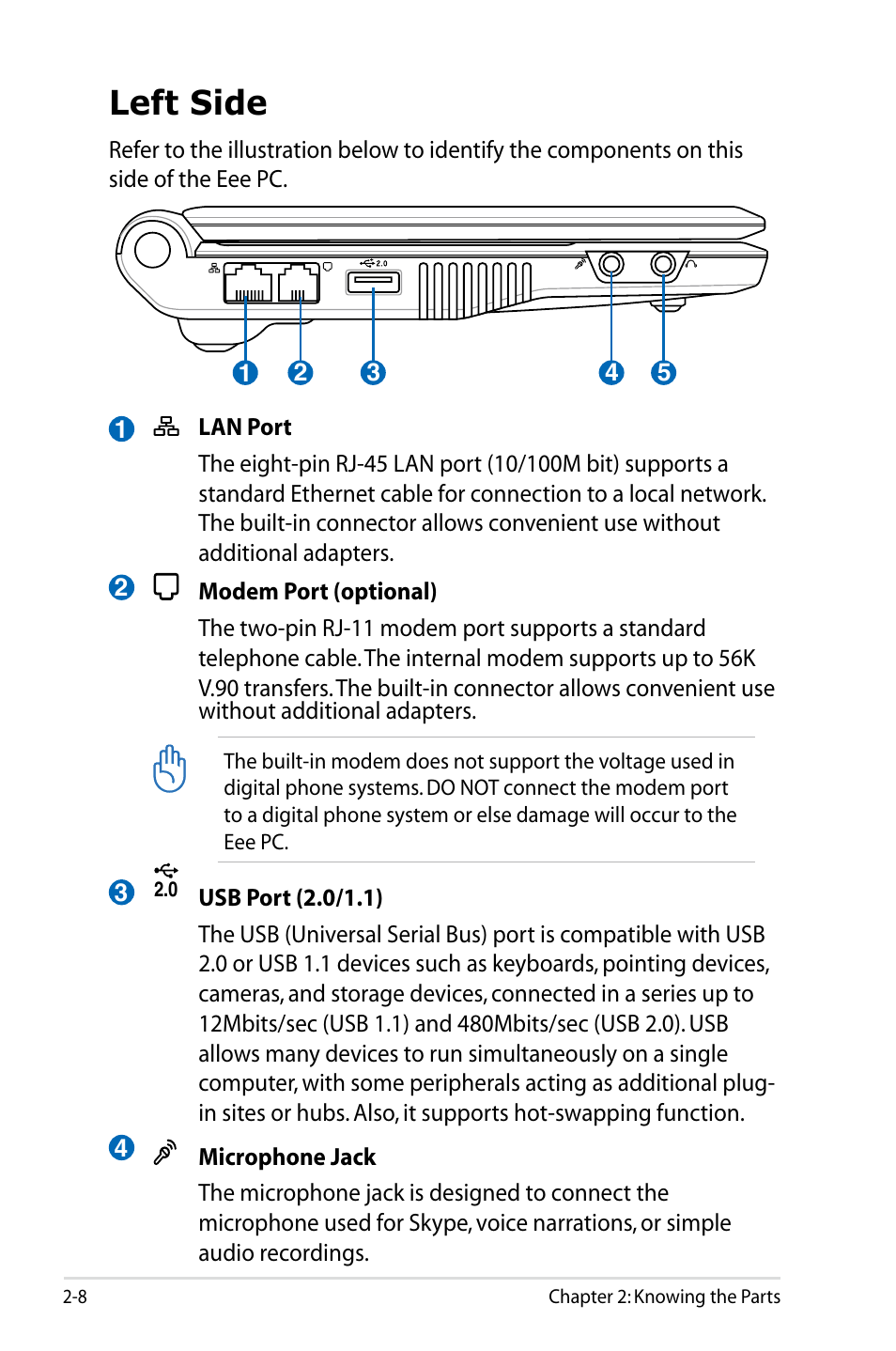 Left side, Left side -8 | Asus Eee PC 4G Surf/Linux User Manual | Page 20 / 140